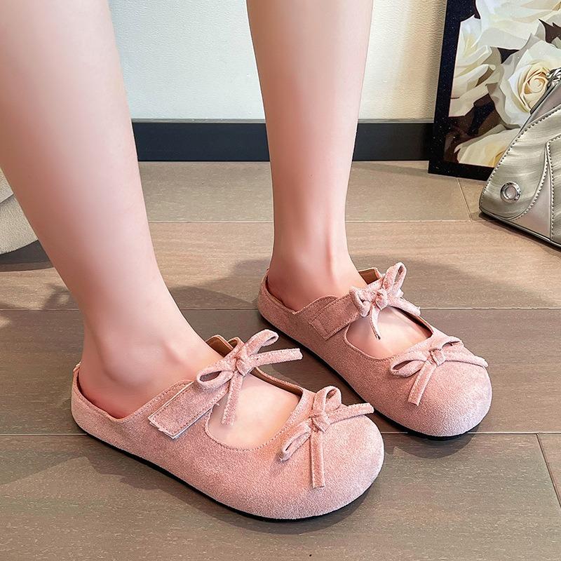 College style one pedal double bow half slippers new round head single shoes student suede flat slippers women