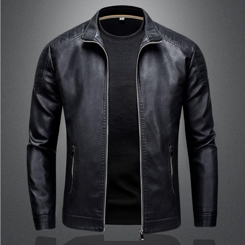 Leather Men's Slim Jacket Trendy Thin Jacket Men's Motorcycle Clothing Large Size Stand-Up Collar Leather Jacket