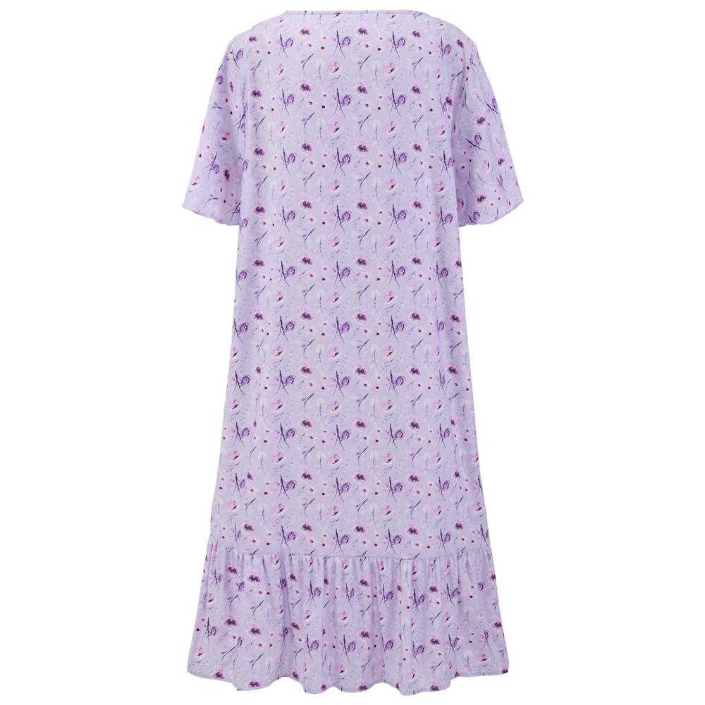 Женские ночные рубашки с цветочным принтом, кружевная ночная рубашка с круглым вырезом и коротким рукавом, свободная одежда для сна, милая домашняя одежда