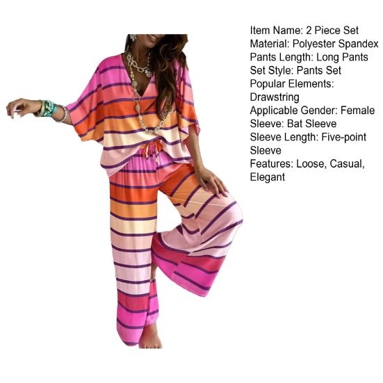 Женский комплект из 2 предметов: топ с рукавами «летучая мышь» и V-образным вырезом, завязывающиеся на шнурок широкие брюки, свободный повседневный спортивный костюм для отдыха