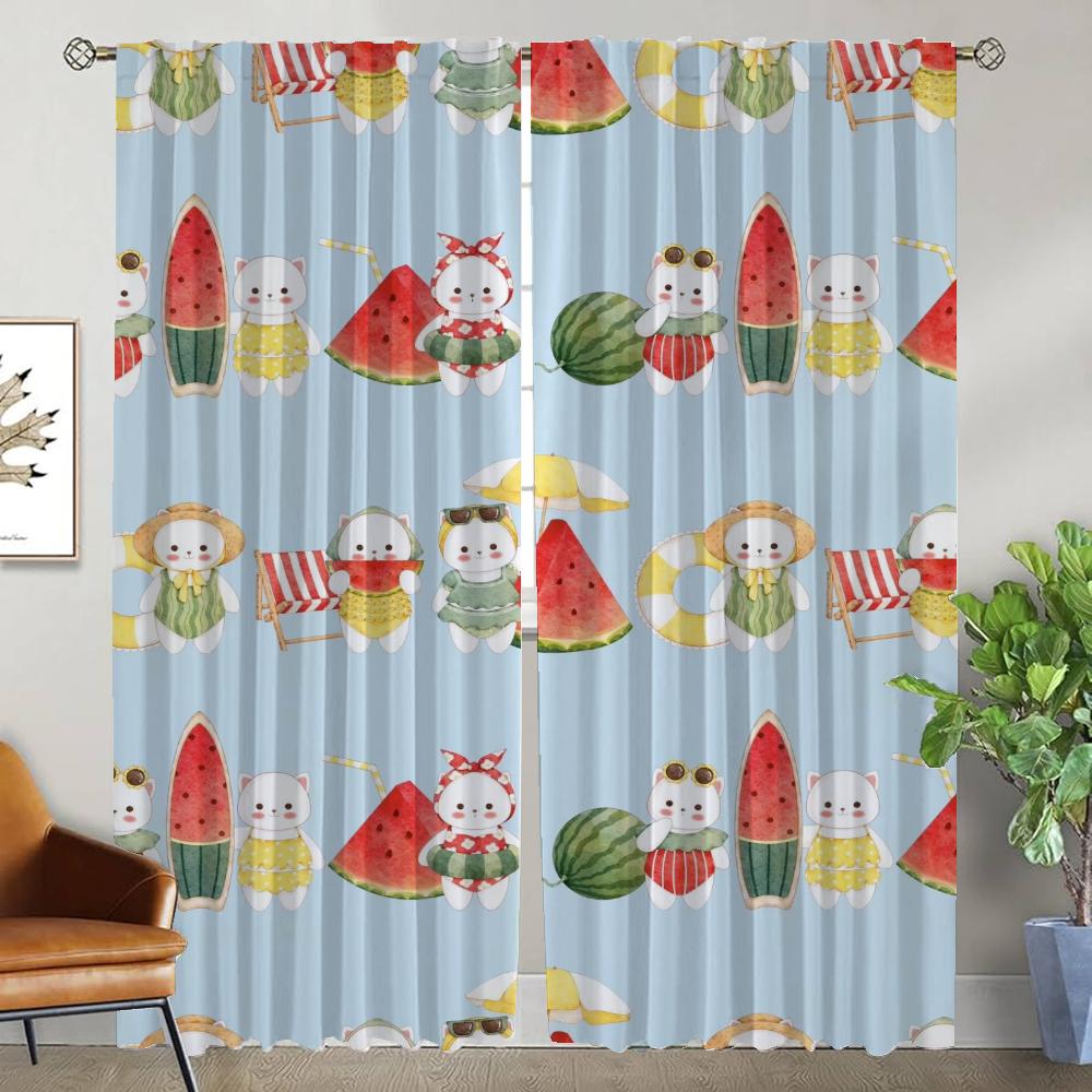 Watermelon Kitty Blackout Curtains for Living Room Partition Shades Home Interior Curtains 2 Pieces Window Curtain Kitchen Child
