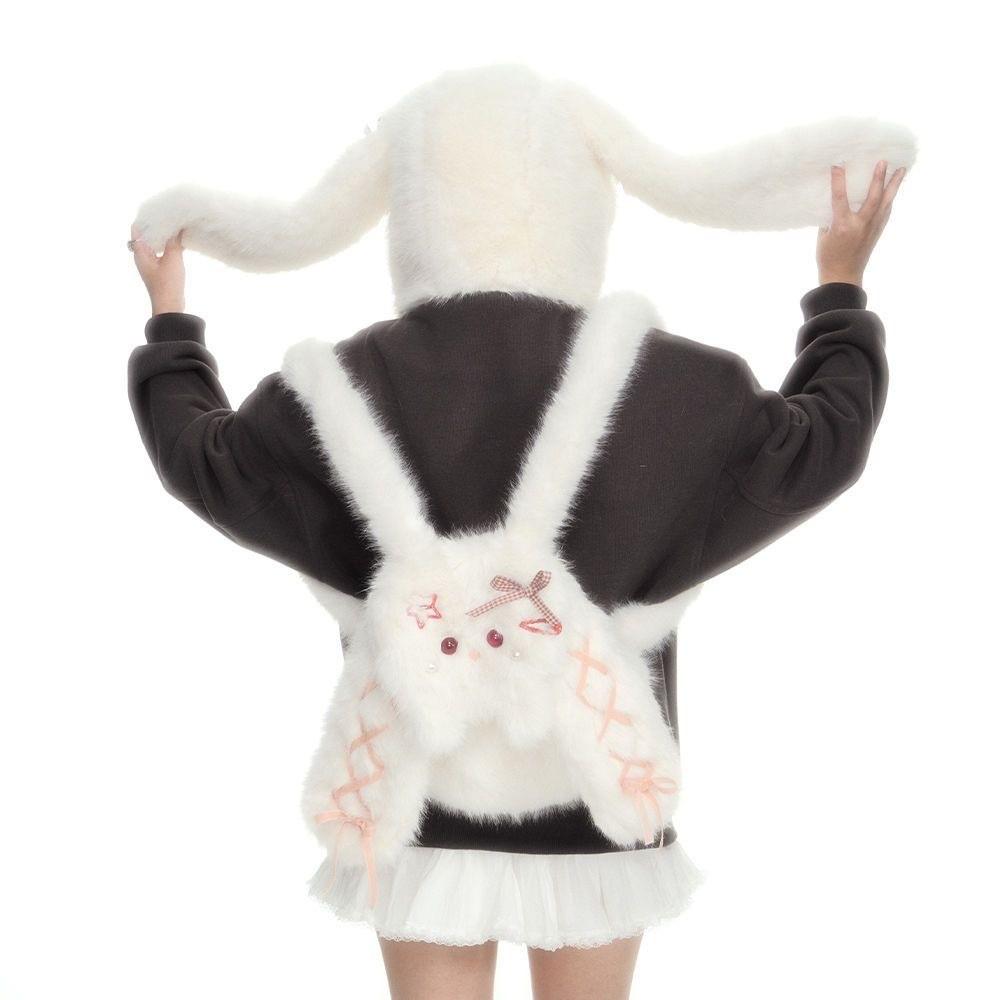 Plush Bunny Backpack With Curved Shoulder Straps For Students And Casual Use