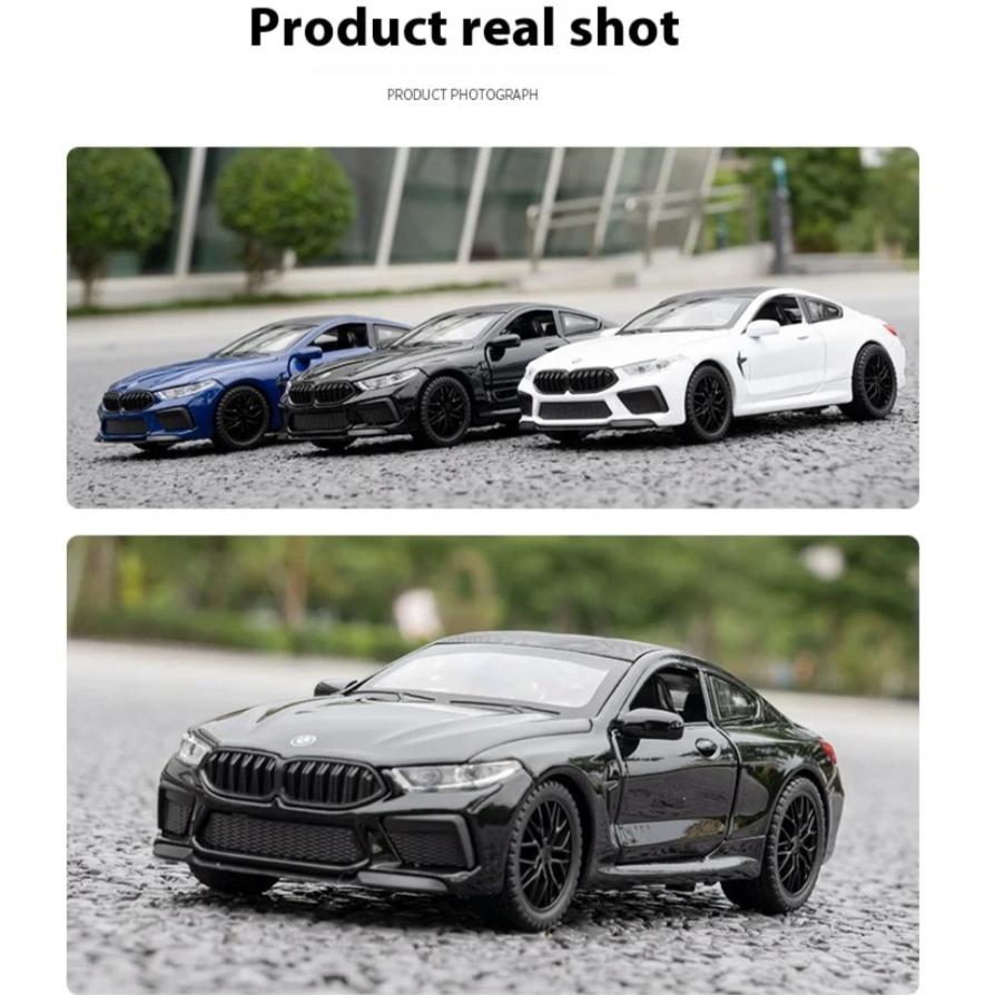 Масштаб 1/32 Модель автомобиля BMW M8 из сплава, Звук и свет, Инерционный механизм, Игрушка для детской комнаты и Предмет коллекционирования