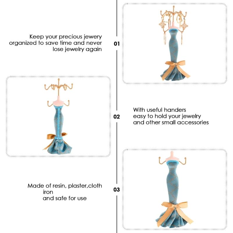 Элегантная подставка для ювелирных изделий для женщин, синий манекен в платье принцессы, подставка для ожерелий и сережек с золотым акцентом.