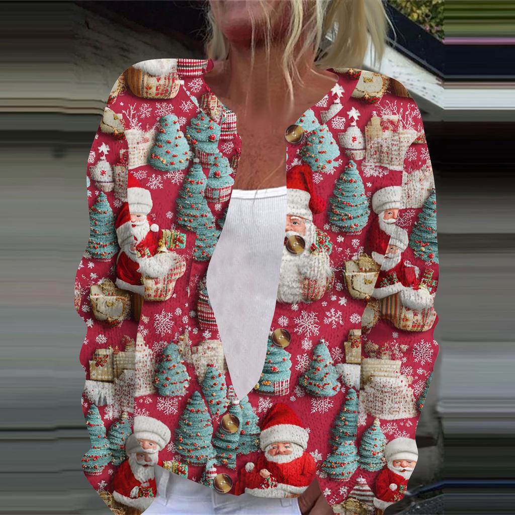 Women's Fashion Christmas Printed Long Sleeve Knitted Cardigan Button Down Jacket