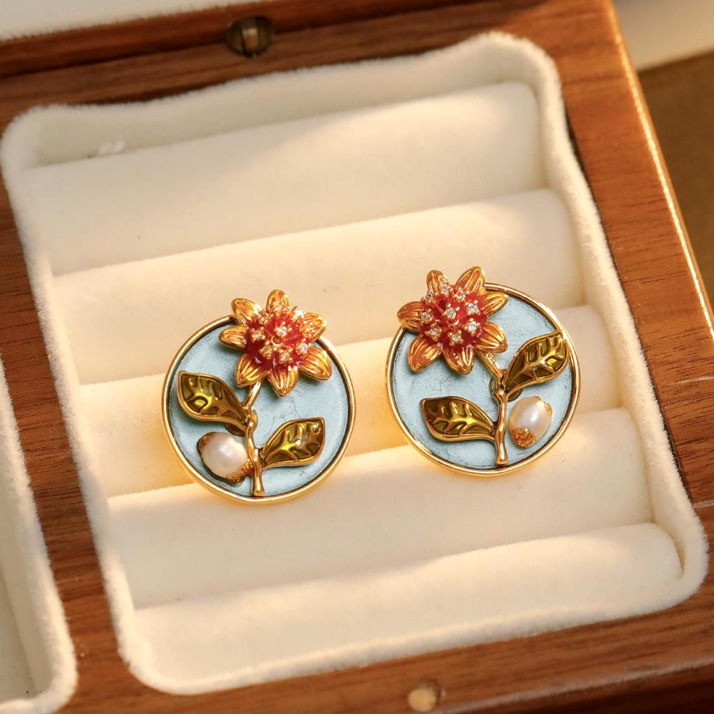 Оригинальные новые серьги с масляной эмалью в китайском стиле с жемчугом-клевером