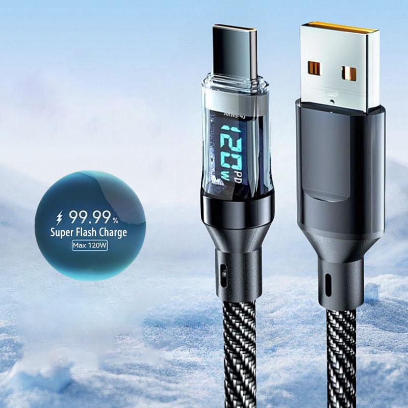 120W USB to Type C Cable Phone Super Fast Charging Cable With LED Display 100W Type-C To Type-C Data Cord For Huawei Oppo Vivo