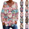 Women's Fashionable Casual Long Sleeved Christmas Printed V Neck Loose T Shirt Top