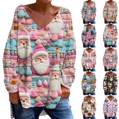 Женская модная повседневная футболка с длинными рукавами и рождественским принтом с V-образным вырезом