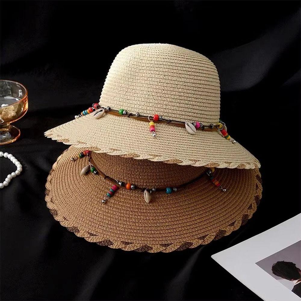 Широкополая богемная шляпа из соломы с бисерным ремешком Весенне-летняя женская шляпа от солнца Складные соломенные шляпы Женская