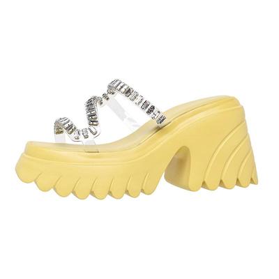 Шлепанцы из ПВХ с открытым носком, летние прозрачные туфли на толстом высоком каблуке, весенняя обувь, повседневные женские сандалии без шнуровки, украшенные кристаллами