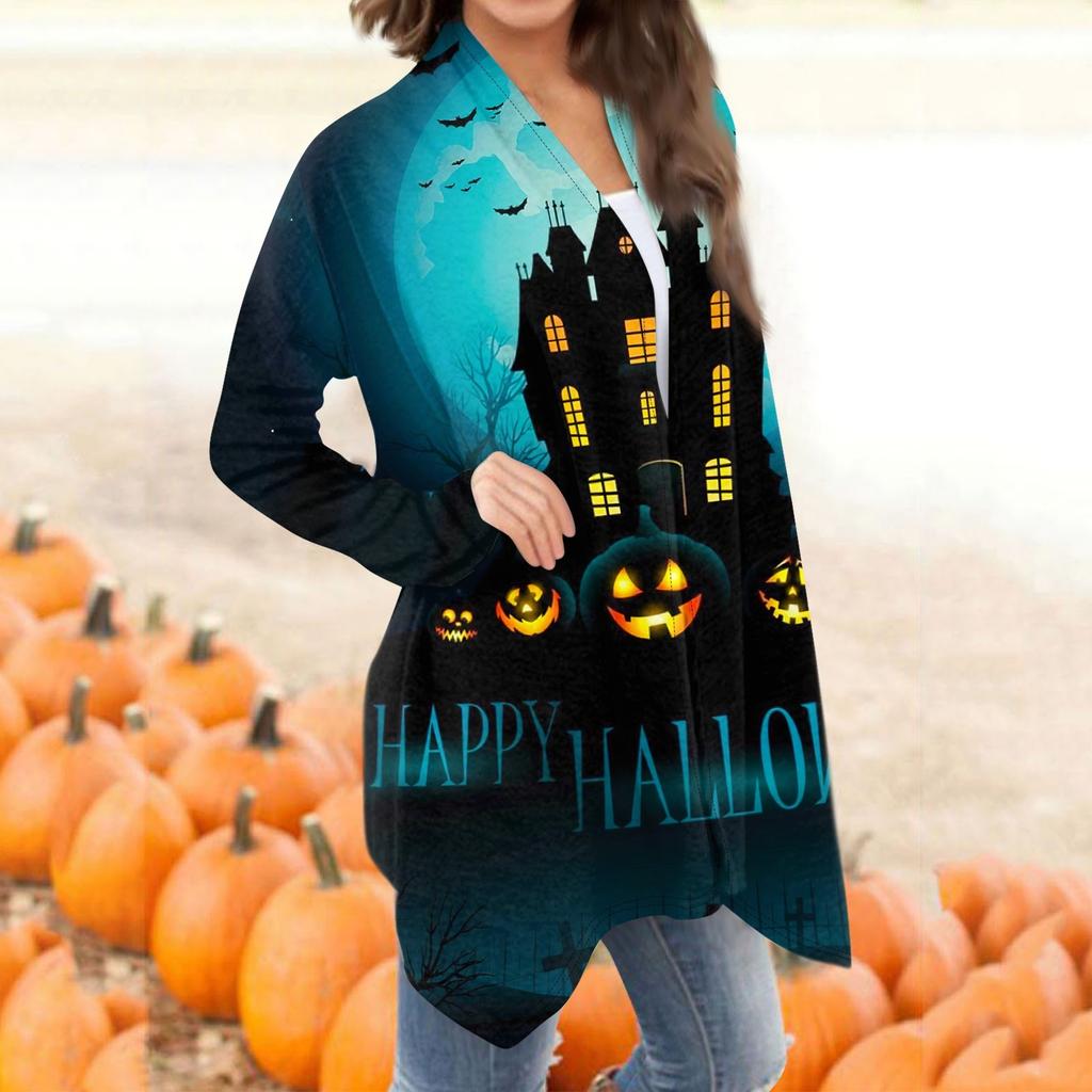 Женская мода, повседневный кардиган с принтом на Хэллоуин, средней длины, куртка, пальто