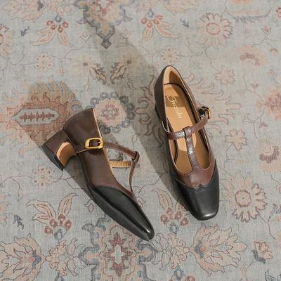 Ретро Мэри Джейн туфли на высоком каблуке квадратный носок толстый каблук весна новая расцветка светлый вырез Т-образная застежка простой и нежный стиль одинарные туфли