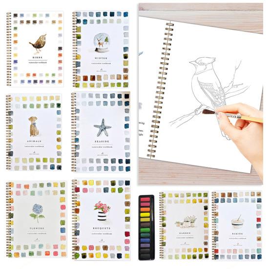Watercolor Workbook 12 Colors Watercolor Painting Set with Paint Brush Beginner-Friendly Birds Animals Flowers Watercolor Book