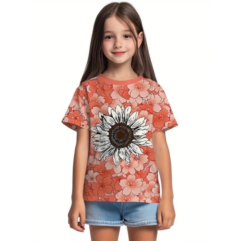 Красивая футболка для девочек Красивый цветочный 3D-принт Летняя мода Топы с круглым вырезом и короткими рукавами Повседневные футболки для детей