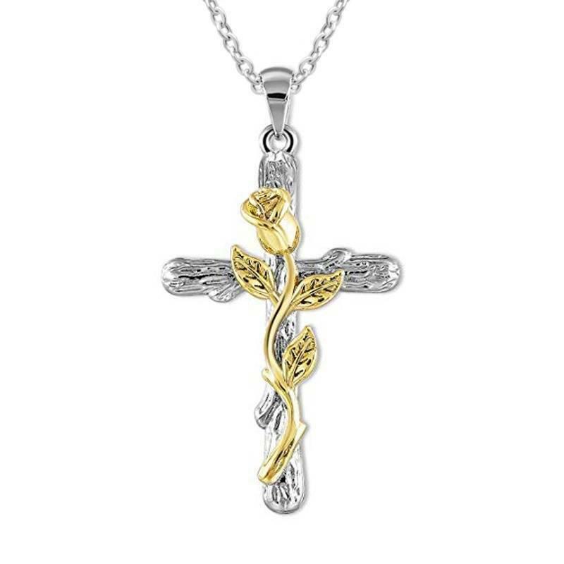Rose Flower Cross Pendant Chain Necklace Jewelry Gift for Women Jewelry Gift