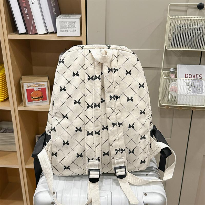 Вельветовый рюкзак большой вместимости с принтом бантика, студенческий школьный рюкзак