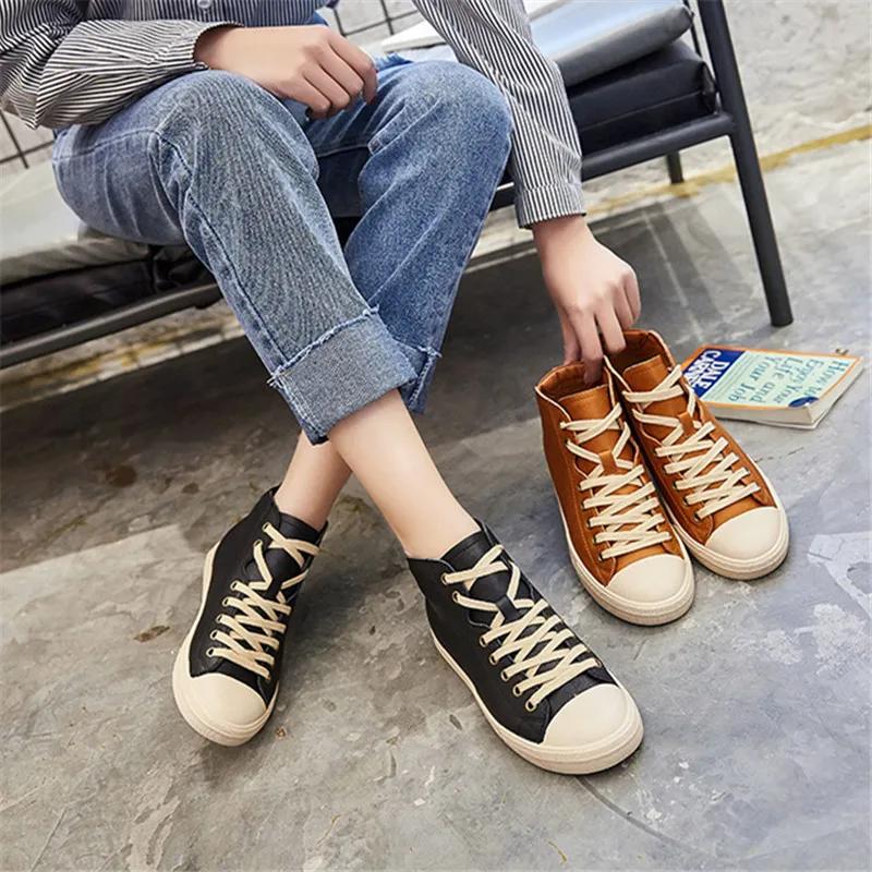 Fashion Women Genuine Leather Sneakers Spring High-top Casual Shoes Autumn First Layer Cowhide Ladies High Top Vulcanized Shoes Sneakers