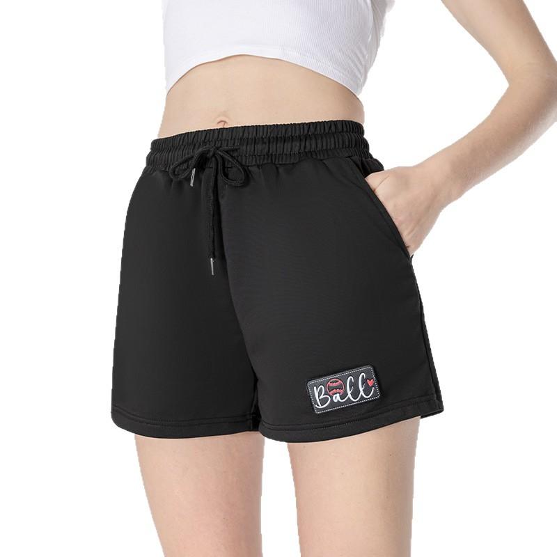 Women's Spring & Summer Pure Black Casual Sports Shorts, Quick - Dry Mid - Waist Drawstring Shorts for Fitness, Quarter Length Yoga Shorts
