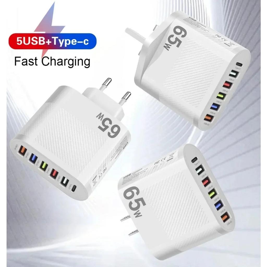 Быстрая настенная зарядка 65 Вт 6 в 1 5 USB 1 Type C для iPhone Samsung Xiaomi Huawei Oppo Адаптер для мобильного телефона