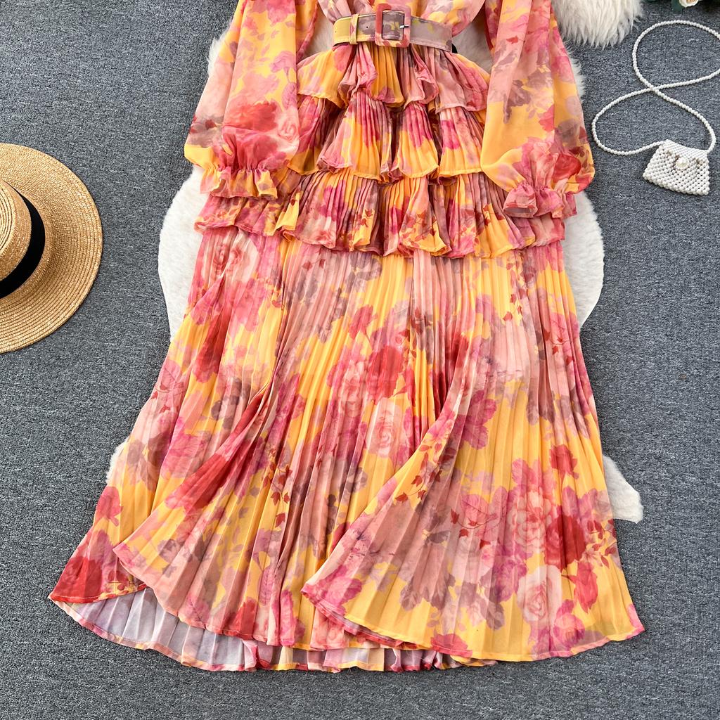 Новое осеннее элегантное женское платье с круглым вырезом и принтом в стиле пэчворк, складками и оборками, с длинными рукавами и высокой талией