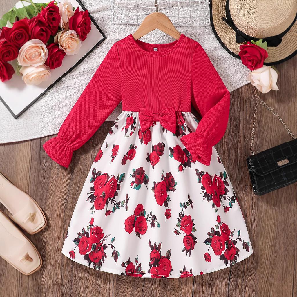 Girls' Fashion Dress Children's Sweet Bow Floral Princess Dress