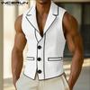 Men Lapel Neck Sleeveless Stitching Casual Thin Slim Vest Waistcoat