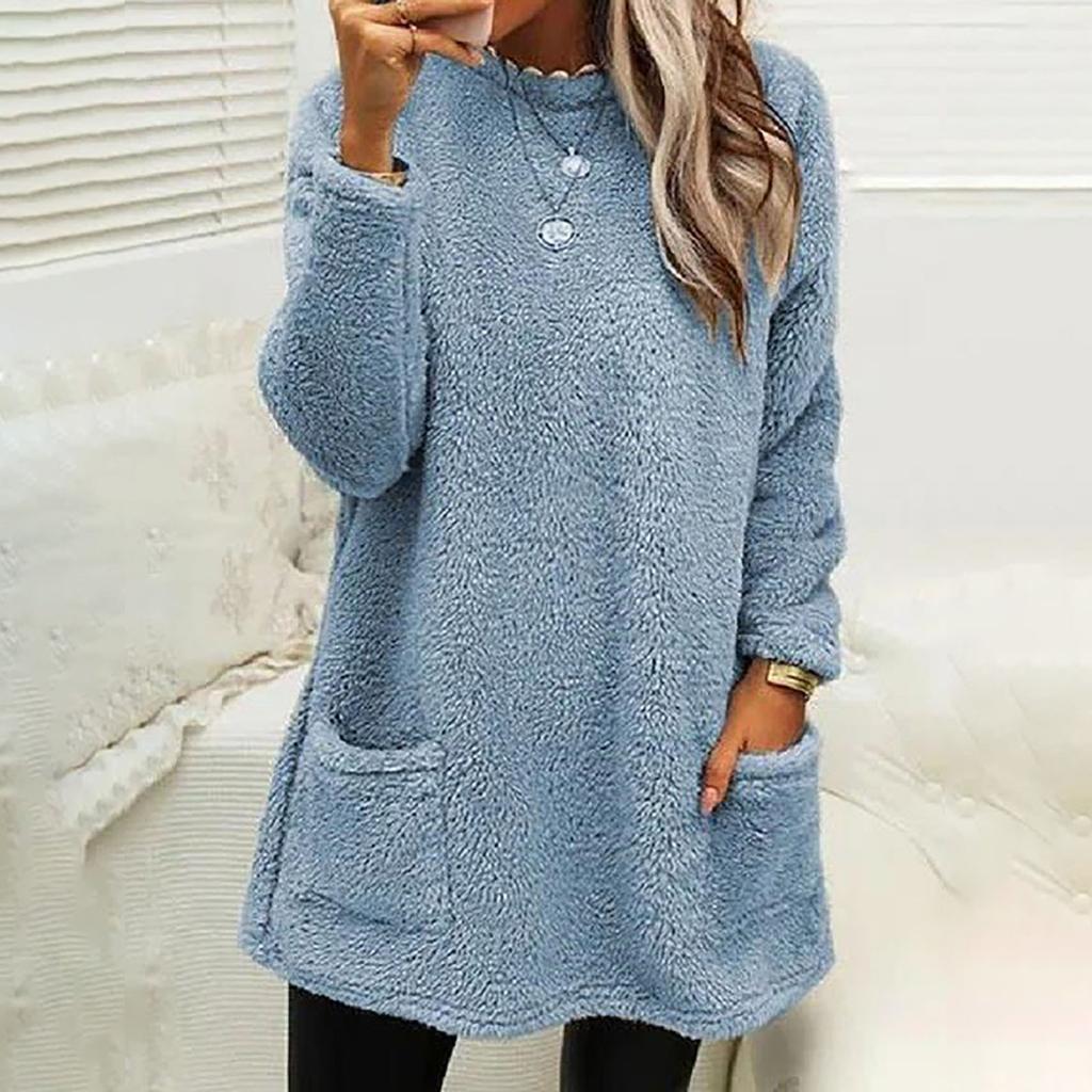 Autumn And Winter Women's Solid Color Round Collar Casual Loose Long Sleeve Pocket Plush Sweatshirt Women