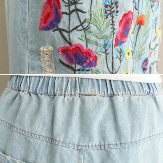 Женская юбка миди с эластичным шнурком на талии, вышитым цветочным узором, джинсовая юбка с карманами, боковые разрезы по низу юбки