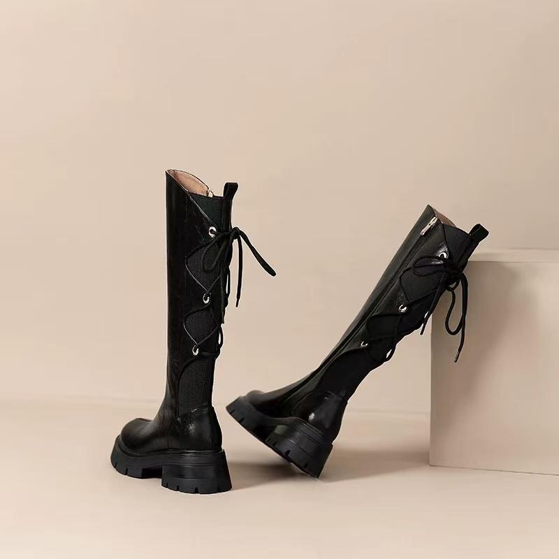 Дизайн Sense Кожаные Ботильоны на Платформе с Круглым Носком Женские Винтажные Задняя Шнуровка Толстый Высокий Каблук Ботфорты До Бедра