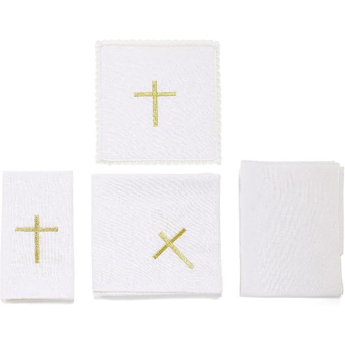 4 шт. Литургические принадлежности Льняной Корпорал для Церквей Наборы (Поддон,Капрал,Очиститель,Полотенце) Белая льняная алтарная скатерть с вышивкой золотого креста, Наборы для мессы