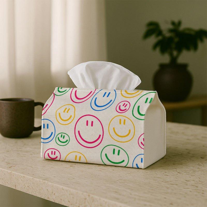 1pc, 2d Flat Printing, Tissue Box, Pop Art Pattern- Joyful Face Icons, Durable Decorative Storage for Kitchen, Living Room, Bedroom, Multi-Functional