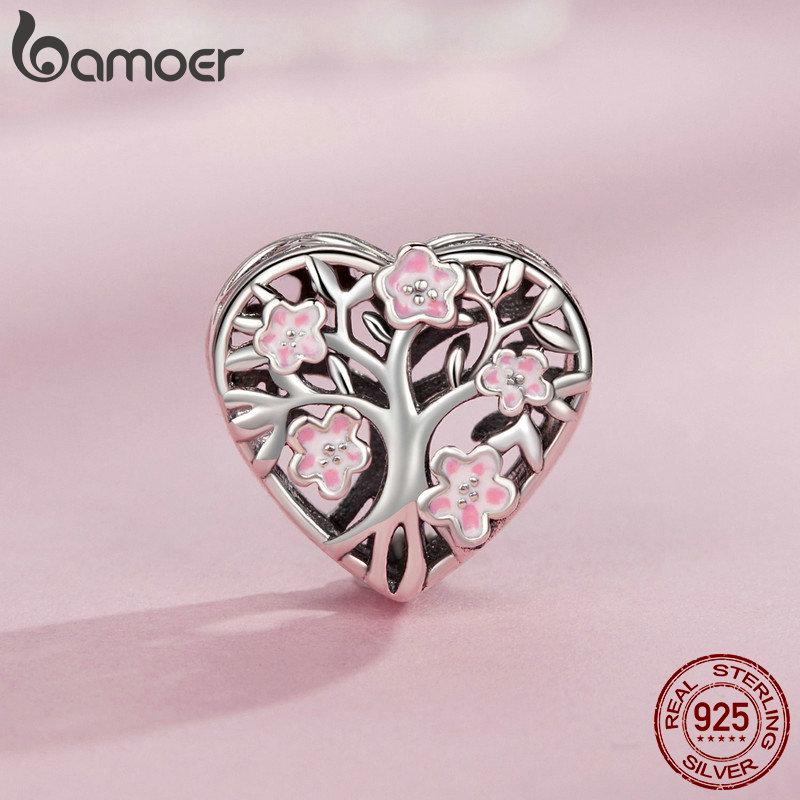 BAMOER Серебро 925 пробы Розовый Цветок Разделительные Бусины Древо Жизни Шармы для Женских Браслетов Аксессуары для Изготовления