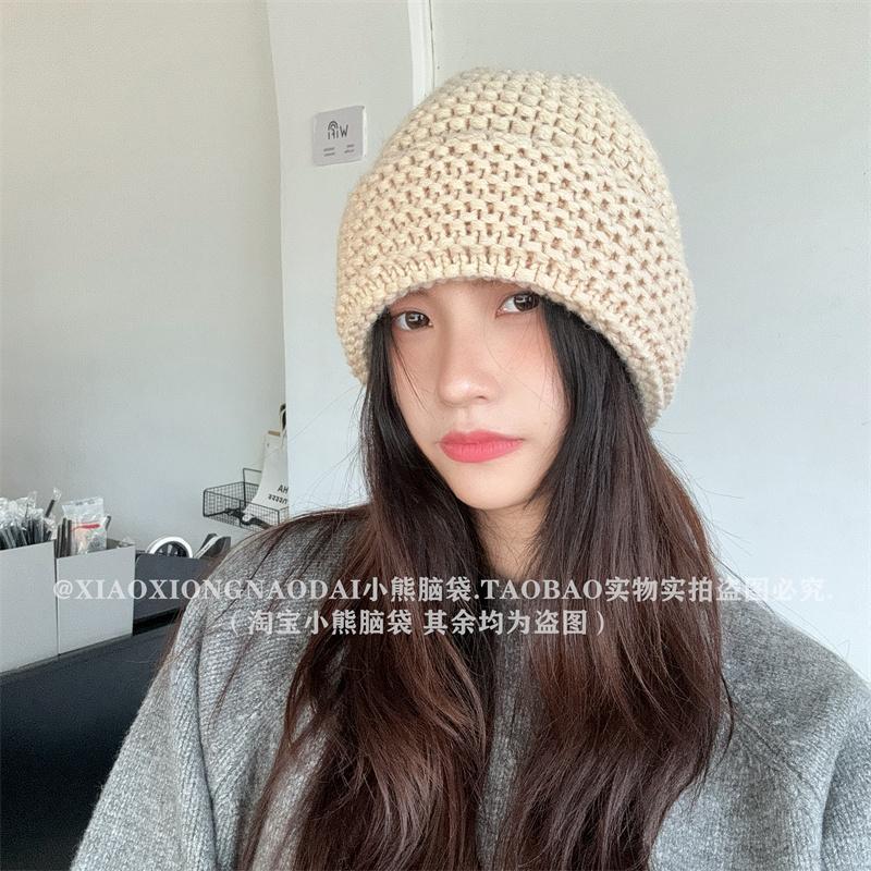 2024 осень-зима легкая вязаная шапка, толстая шерсть, маленькое лицо, повседневная универсальная теплая защита для ушей, однотонная шерстяная шапка