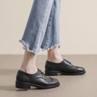 Женские черные мокасины из натуральной кожи осень 2025 в британском стиле с мягкой подошвой и средним каблуком