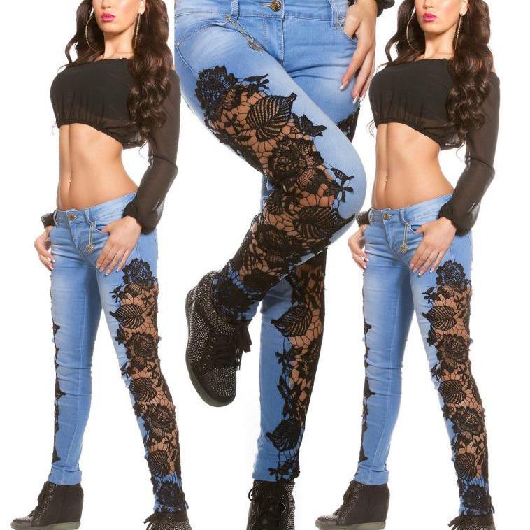 European & American High-Waist Lace Hollow-Out Denim Pants - Sexy Cotton Long Pants for Women