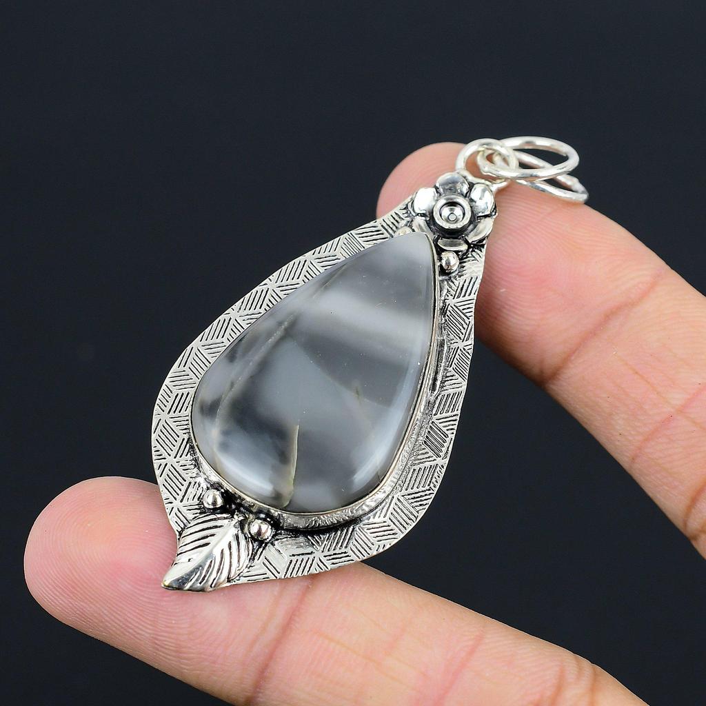 Mothers day Sale Sterling Silver Pear Natural Fume Agate Wedding Flower Pendant