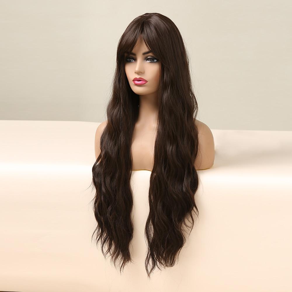 Long Water Wave Synthetic Wigs with Bangs Natural Black Dark Brown Cosplay Hair Wigs for Women Afro Heat Resistant