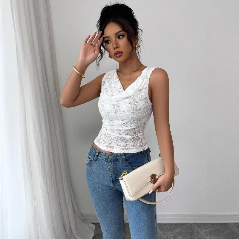 Women Sexy Lace V Neck Slim Fit Sleeveless Top Summer
