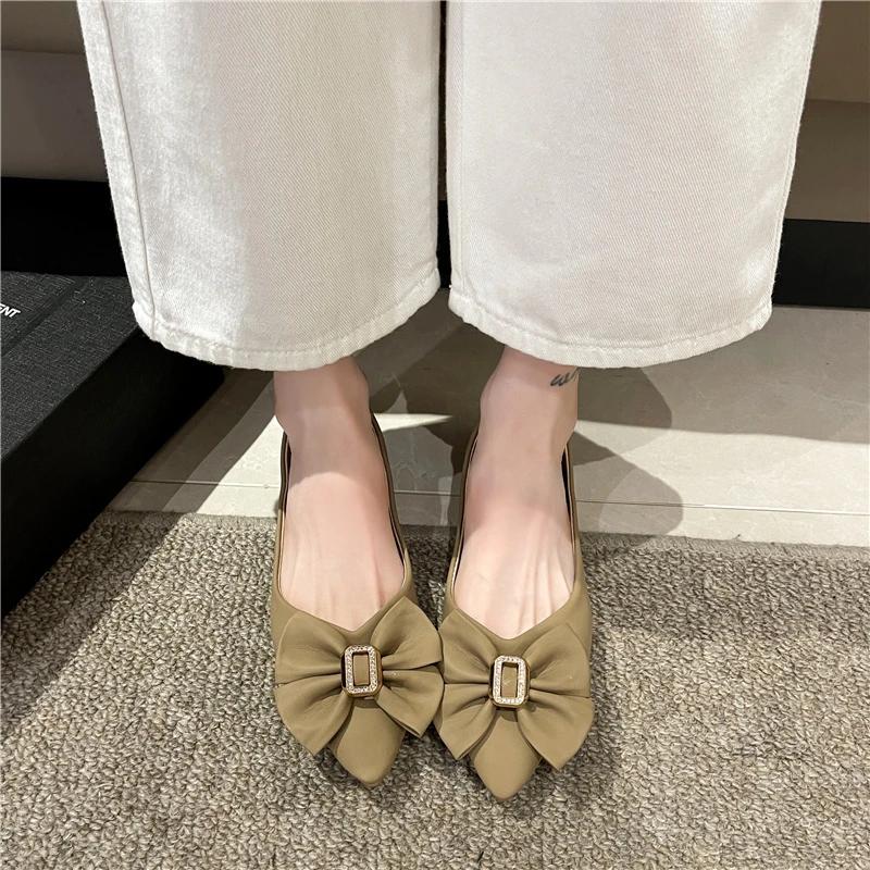 Модные женские балетки с острым носком, милые женские туфли из искусственной кожи, удобные одинарные туфли с бантом, женские осенние однотонные