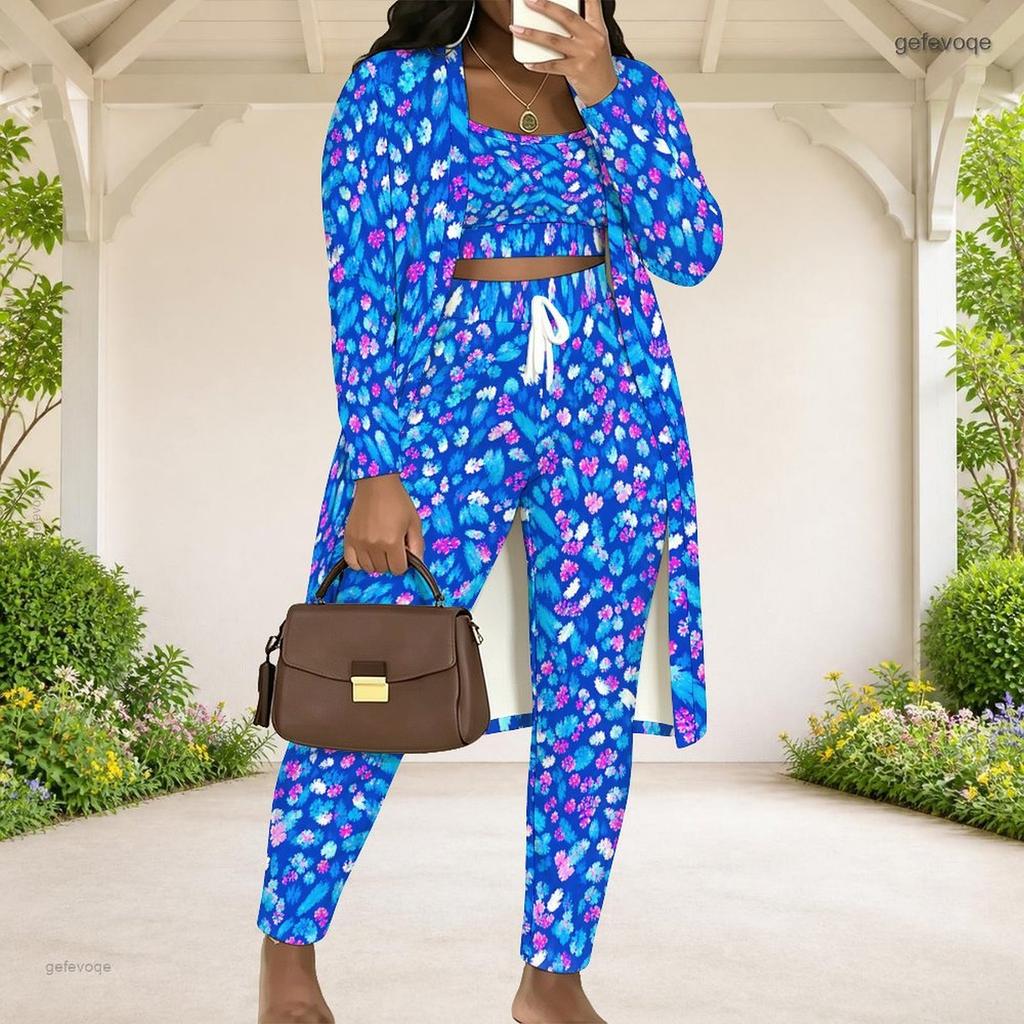 Women Plus Size Tropical Printed Three Piece Set Long Sleeve Open Front Cardigan Strappy Top Long Pants