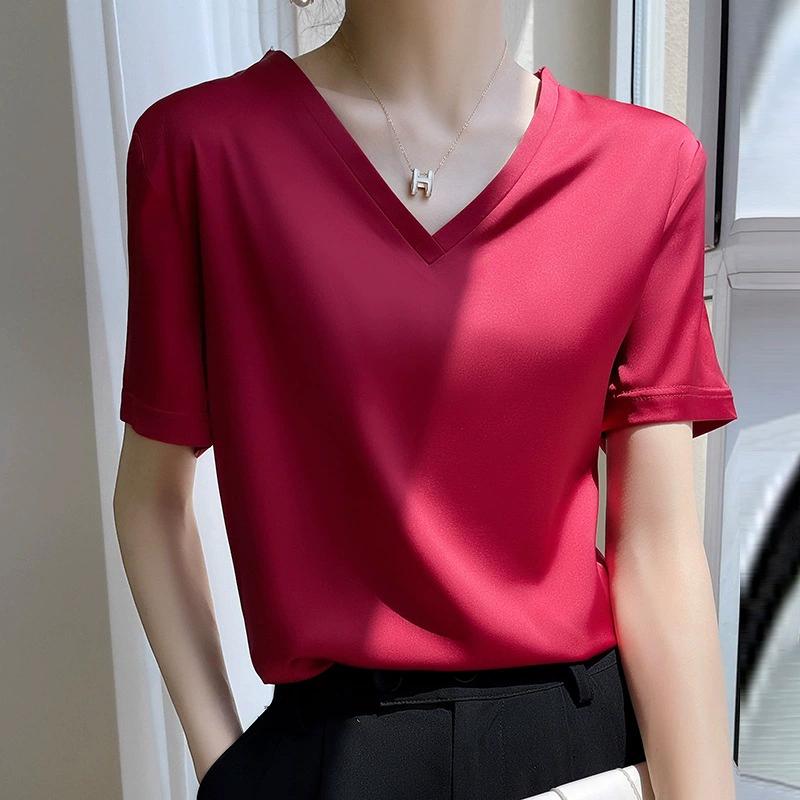 Summer V-neck Short-sleeved Women's Thin Short-sleeved T-shirt Western Style Loose Inner Solid Color Satin Blouse T-shirt