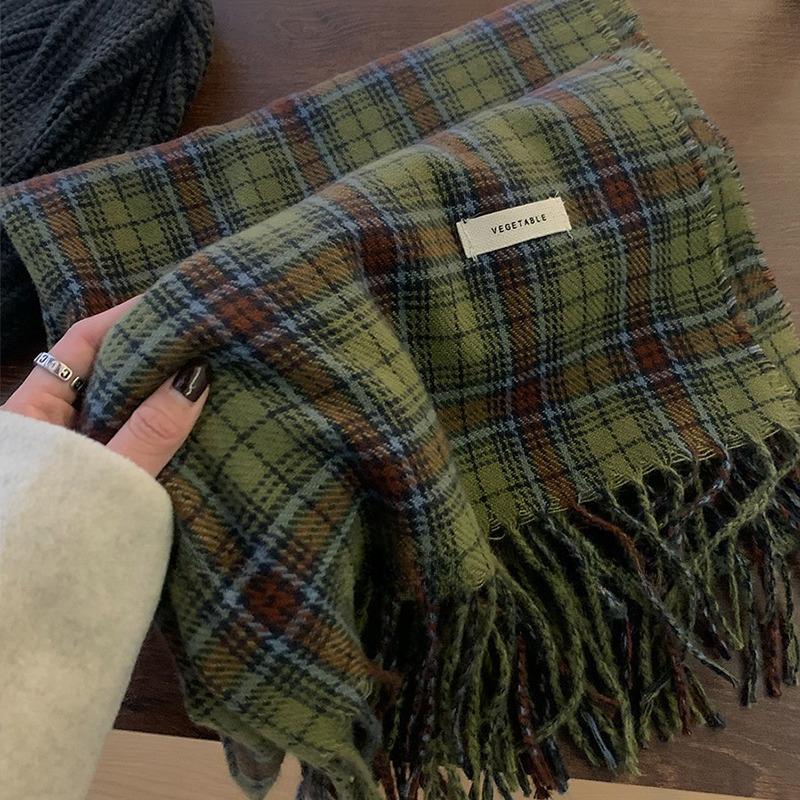 Autumn And Winter Cashmere Green Plaid Scarf Winter Women'S High Sense Versatile Warm Shawl Scarf Tide