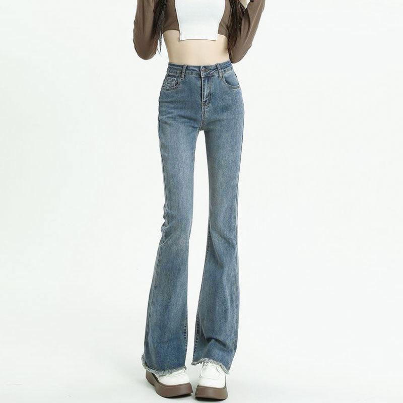 Denim Micro Flared Trousers Women's Pant Fashion Slim High-waisted Retro Elastic Raw Edge Flared Trousers