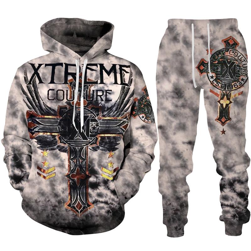 Готическая толстовка с принтом черепа/спортивный костюм с 3D-принтом, модная мужская мотоциклетная байкерская спортивная одежда, комплект крутой толстовки с графическим рисунком + костюм для брюк