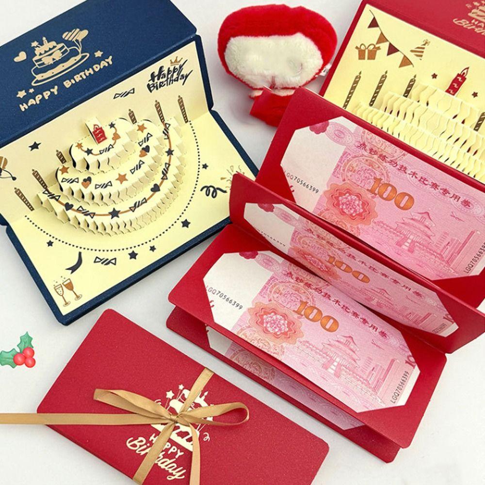 Creative Folding 3 D Birthday Red Envelope Pop-Up Best Wishes Lucky Money Envelope Traditional Red Pocket Birthday Party