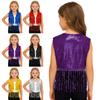 Versatile Girls Dance Waistcoat: Shiny Tassel Sequin Crop Top, Sleeveless Vest for Jazz, Cha-Cha, Halloween & Theme Parties