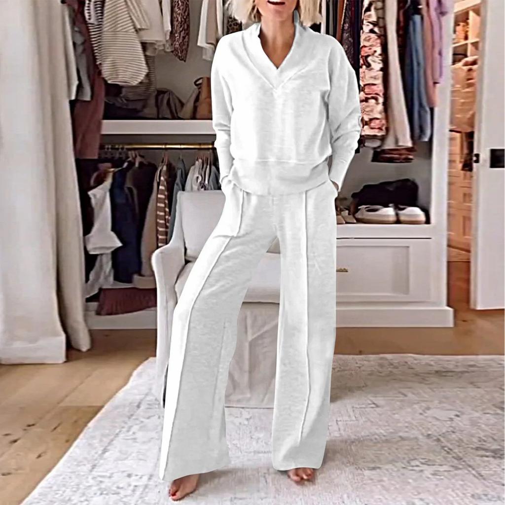 Женский повседневный комплект из двух предметов с V-образным вырезом и длинными рукавами, свободный топ и широкие брюки