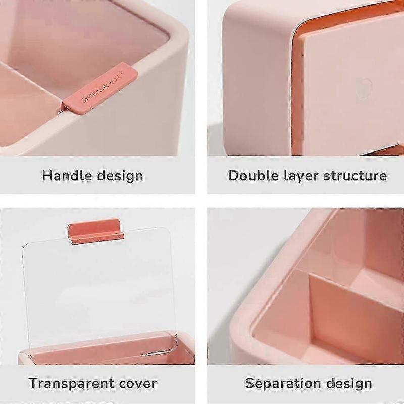 Cotton Pad Dispenser, Cotton Swab Holder, 2 Compartment Storage Box with Transparent Lid, Portable Cotton Pad Organizer - Pink