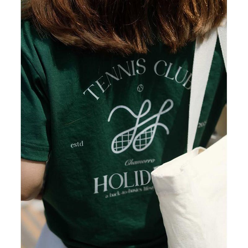 Tennis Club American Sports Leisure Style Tennis Club Letter Print Cotton Short Sleeve T-shirt Women